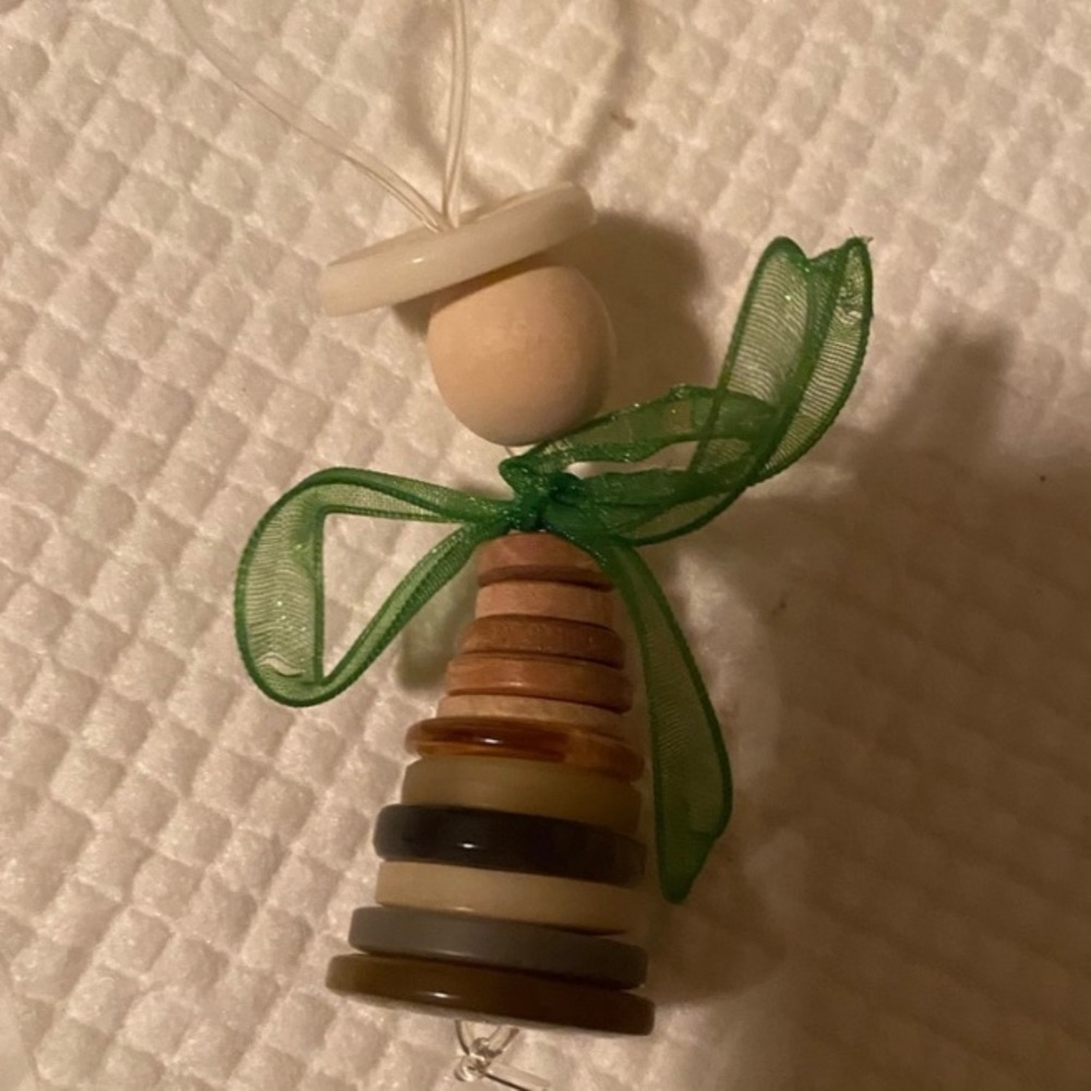 Angel Button Ornament with Green Ribbon Accent